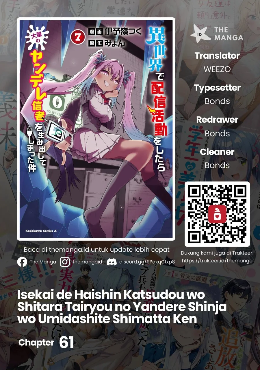 Komik Isekai de Haishin Katsudou wo Shitara Tairyou no Yandere Shinja wo Umidashite Shimatta Ken Chapter 61 gambar 1