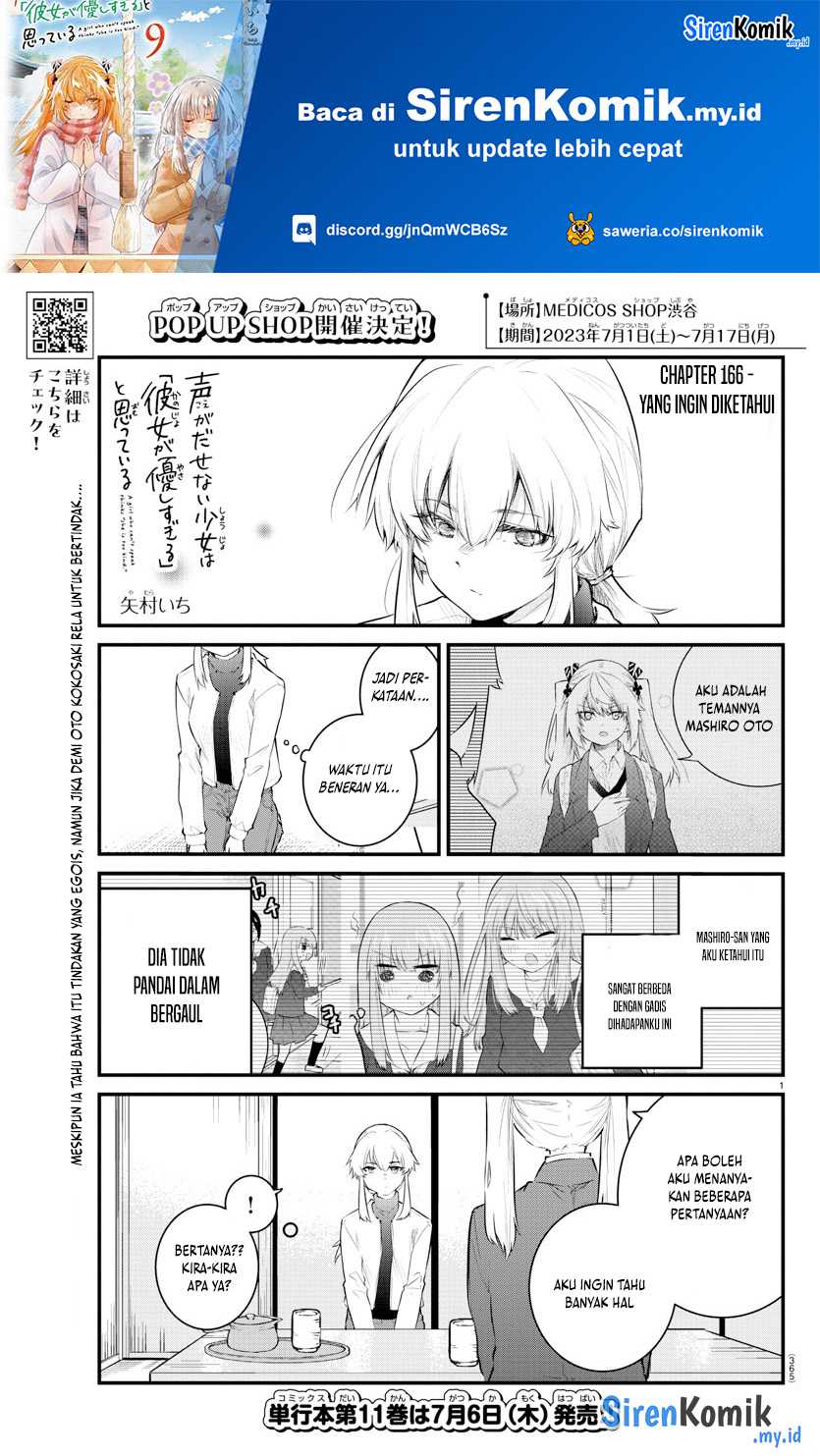 Baca Manga Koe ga dasenai Shoujo wa “Kanojo ga Yasashisugiru” to Omotte iru Chapter 166 Gambar 2